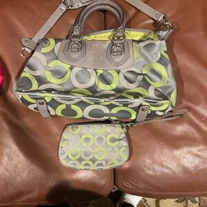 Coach Gray and Green Satchel with Signature Pattern